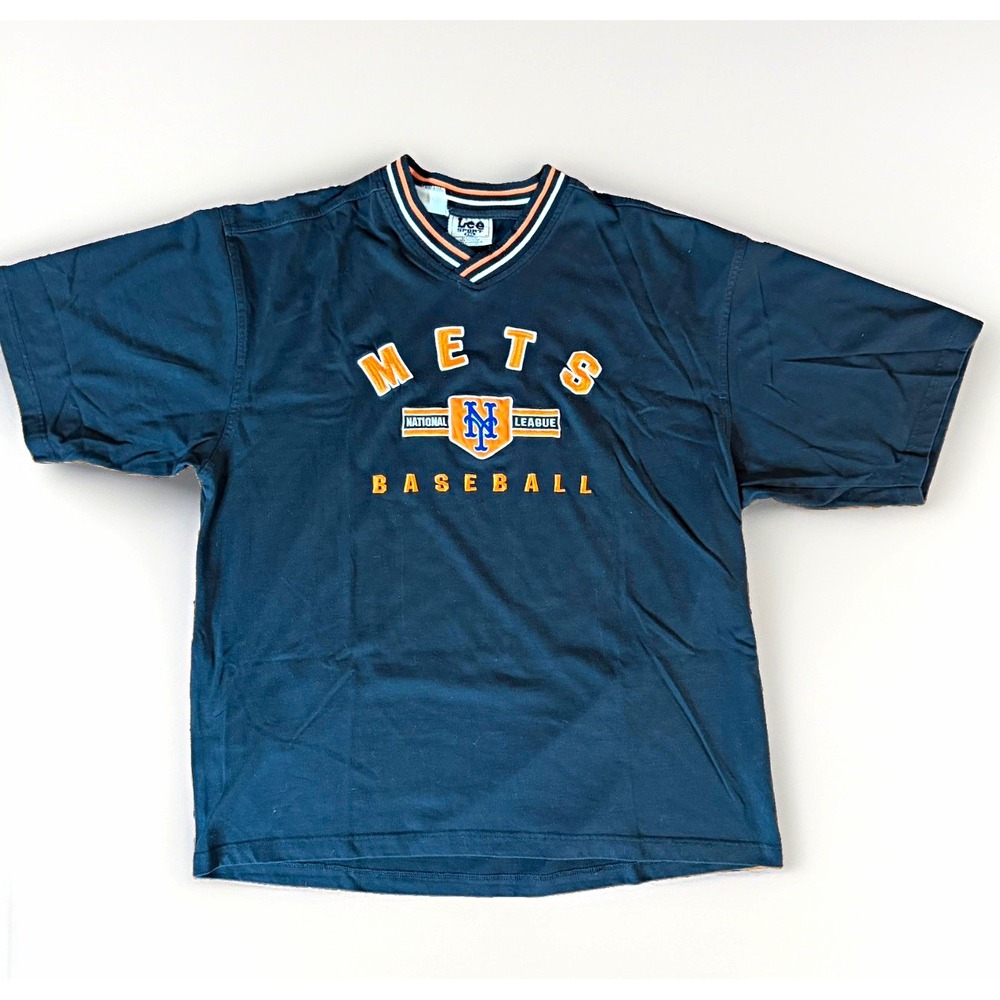 Vintage Lee Sport New York Mets MLB Baseball V-Neck Shirt 2XL Blue Orange Black